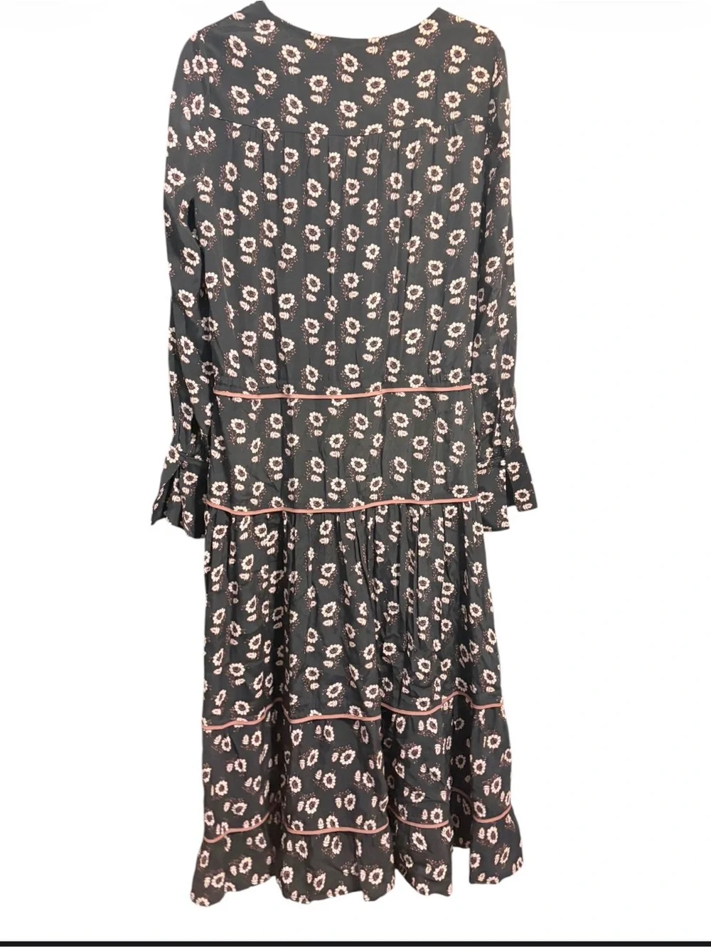PAIGE Christine Long Sleeve Midi Dress Large Black Floral Boho Tiered Tie Waist
